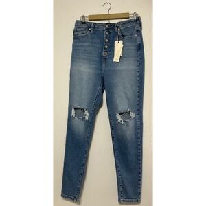 Forever 21 High Rise Skinny Jeans Button Fly Distressed Blue 31 Grunge Casual